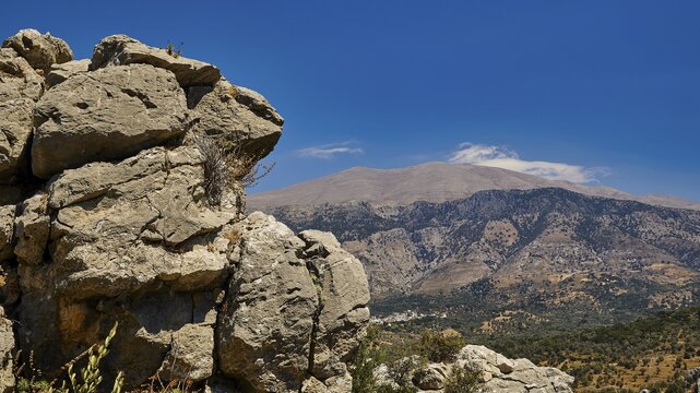 Psiloritis, Ida massif, highest mountain in Crete, rock formation overlooking a mountain range under clear blue sky, Amari Basin, Amari, Central Crete, Greek Islands, Greece
