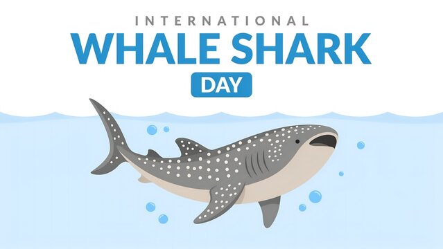 International whale shark day design with swimming shark in ocean water and bubbles wildlife underwater swimming