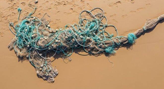 Discarded fishing nets with buoys tangled on a sandy beach, highlighting marine pollution.