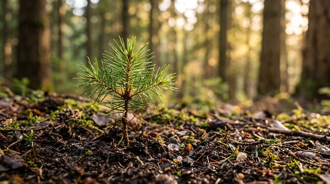 Young pine seedling growing in forest soil, small evergreen tree sprout in sunlit woodland, reforestation and environmental conservation concept