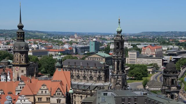 Zoom out from Cathedral of the Holy Trinity to Old Town wider view in city of Dresden, Saxony, Germany.
