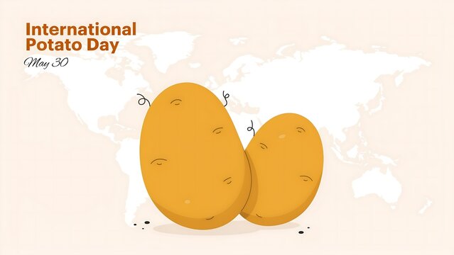 International potato day celebration graphic featuring fresh potatoes and global world map background, vegetable