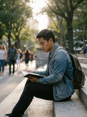 Obraz premium Focused young man sitting on stone steps in a park reading a book during late afternoon sunlight with blurred pedestrians and trees in the background during commute