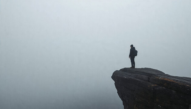 Lone man standing cliff edge overcoming adversity concept
