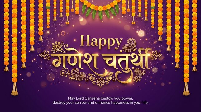 Happy Ganesh Chaturthi festival greeting banner with golden Hindi typography and marigold garlands