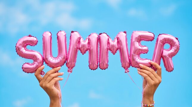 Pink summer word balloons held outdoors