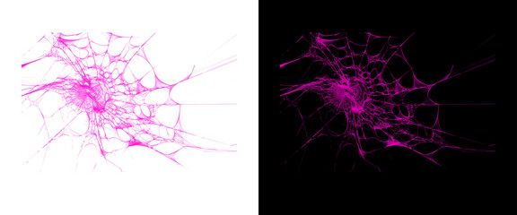Naklejka premium Neon pink spider web design, vibrant magenta cobweb texture on black and white backgrounds, glowing organic fiber network for Halloween or gothic decor