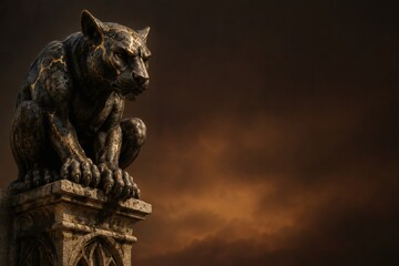 Fototapeta premium Stern gothic panther gargoyle statue with dramatic storm clouds