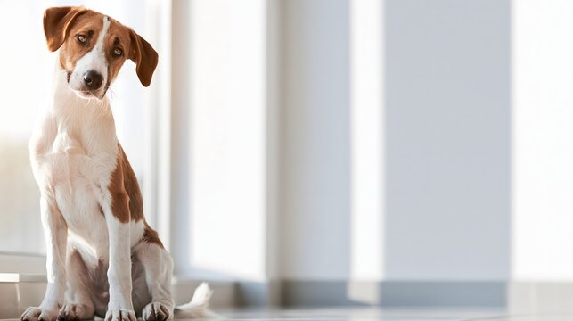Pet adoption banner template with head tilting jack russell mix and copy space.