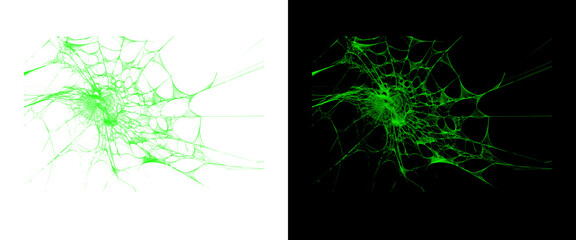 Naklejka premium Neon green spider web on black and white backgrounds, glowing radioactive cobweb texture, spooky toxic spiderweb design for Halloween
