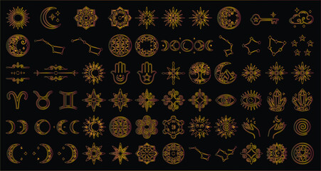 Mystical gold celestial icons set, esoteric astrology and zodiac symbols vector, golden occult moon and sun elements for tarot and magic branding © aurastock