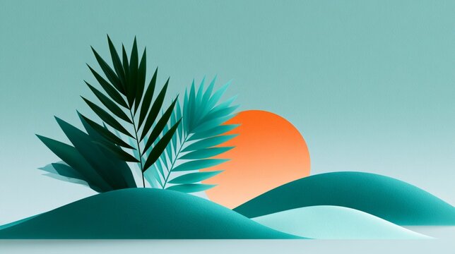 Abstract Tropical Sunset Landscape With Palm Leaves, Minimal Paper-Cut Hills and Orange Sun