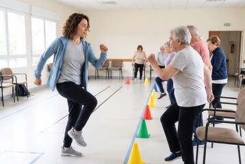 Obraz premium Group of seniors doing agility exercises with a physical therapy instructor in a community hall