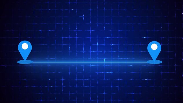 4K Neon Straight Navigation Route with Map Pins on a grid background. Glowing GPS Line Between Locations for Digital Advertising, Online shops, UI, Buying process, and Business Marketing.