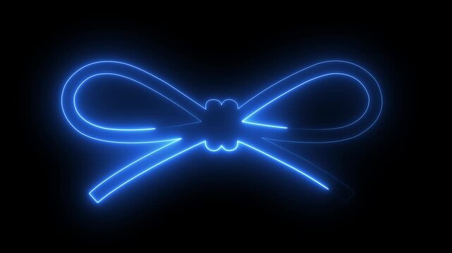 Glowing blue neon bow ribbon animation on black background, for holiday celebration, and gift giving