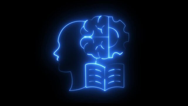 Neon human head with brain gear and open book for artificial intelligence and education concepts