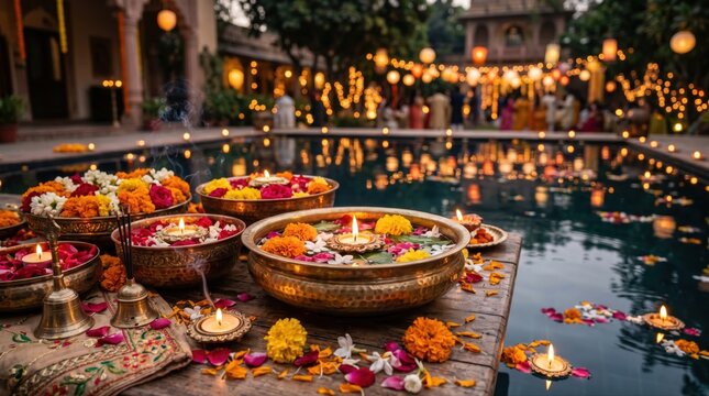 Diwali decorations with floating candles and flowers. Traditional Indian festival lighting.