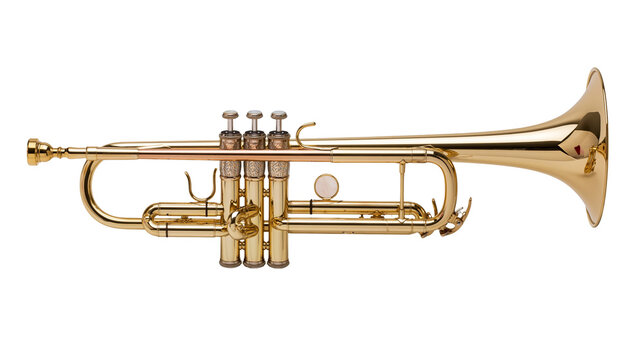 Brass trumpet musical instrument with valves and bell