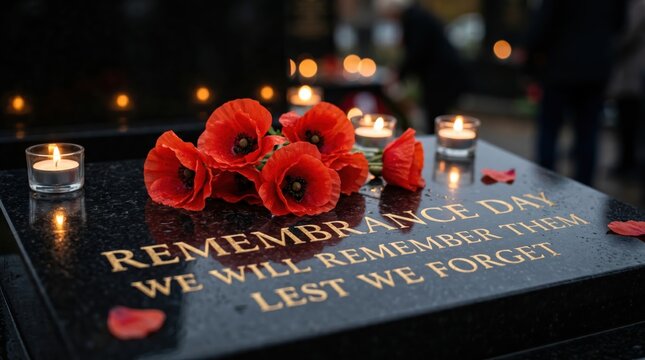 Remembrance Day poppies on a memorial stone. Red flowers placed on a granite grave marker.