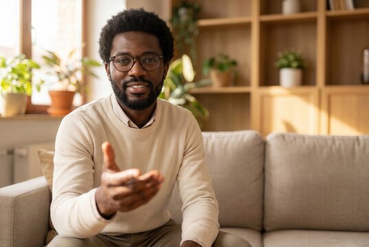African american man smiling, looking at camera, making welcoming gesture in living room