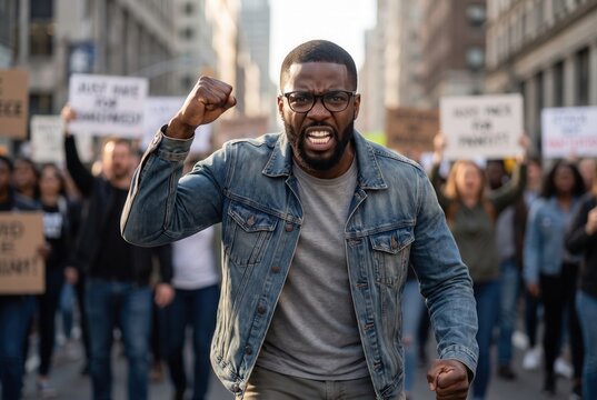 Angry protestor yelling and raising a fist at a demonstration for social justice and human rights