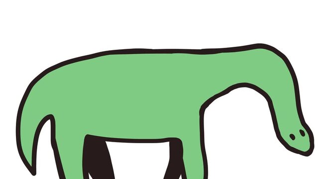 The brontosaurus or ancient lizard turns its head, looking forward and then backward.