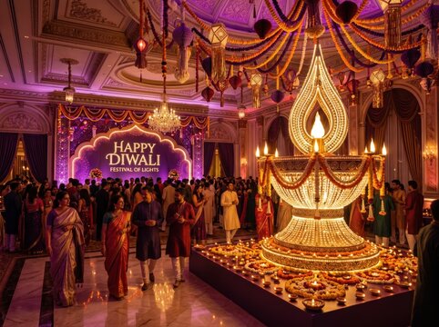 Diwali celebration in a decorated hall. Festive Indian event with glowing lights and decor.