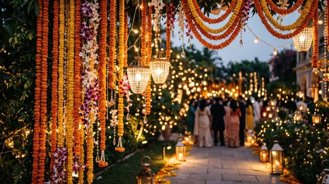 Outdoor wedding aisle decorated with golden string lights and floral arrangements. Romantic evening ceremony pathway with hanging lanterns and gree...