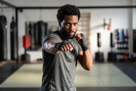 African american man training boxing, throwing a punch during a workout in the gym