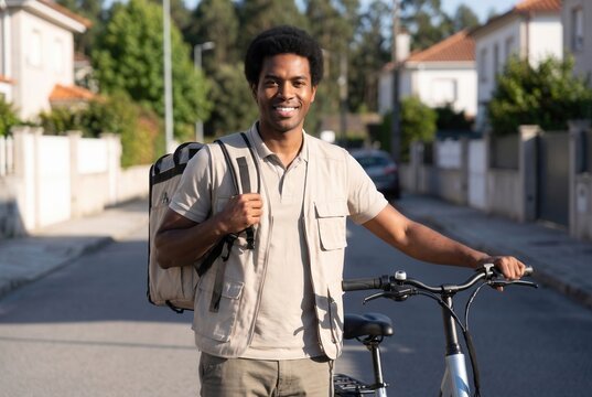 Smiling courier wearing a backpack and walking with a bicycle on a street
