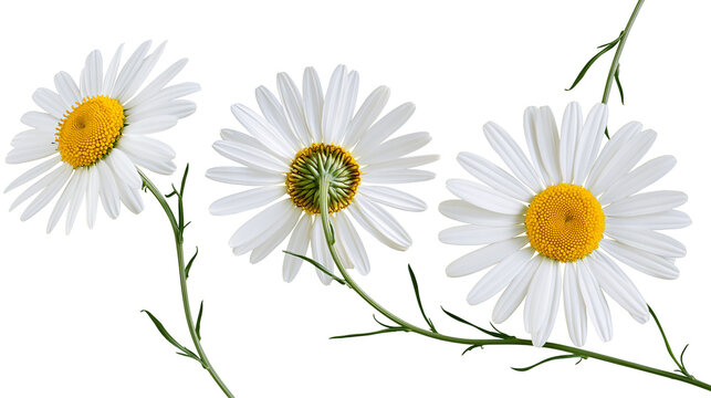 Three white daisies with yellow centers and green stems