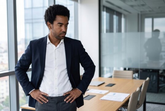 Thoughtful businessman standing in a modern corporate office, planning business strategy
