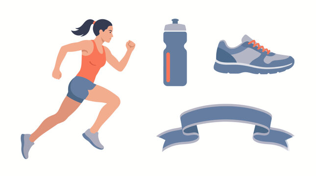 An illustration showing a woman running, alongside a water bottle, a running shoe, and a decorative ribbon, representing fitness and active lifestyle.