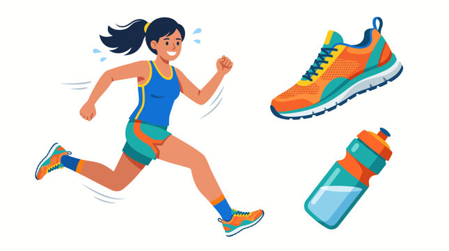 A vibrant illustration of a woman running, accompanied by essential fitness gear like a colorful running shoe and a refreshing water bottle, symbolizing an active and healthy lifestyle.