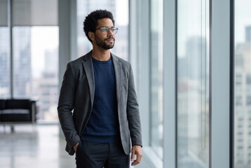 Fototapeta premium Businessman standing in modern office, looking out at city view, envisioning success