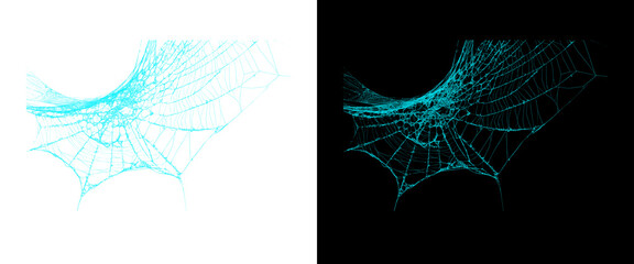 Naklejka premium Cyan digital spider web network, glowing blue geometric mesh on black and white backgrounds, abstract futuristic data connection grid