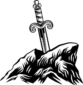 A vintage style illustration of  Excalibur King Arthurs sword from the sword in the stone from the Arthurian legends