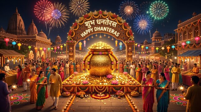 Dhanteras festival celebration with fireworks. Indian holiday market with lights and crowd.