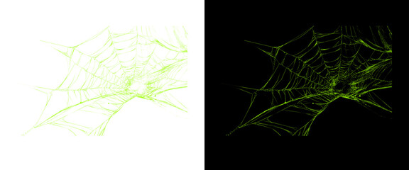 Spooky green spiderweb on black and white backgrounds, glowing neon spider web design elements, creepy Halloween decorative cobweb graphics © Transparent Studio
