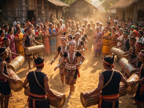 Tribal dance performance in a village. Indigenous people celebrating with traditional drums.
