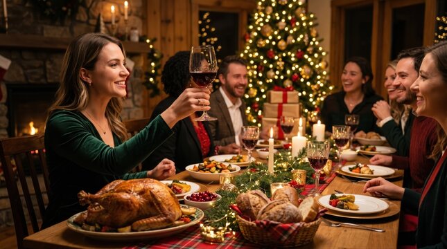 Christmas dinner party with friends. People toasting with wine at a festive holiday meal.