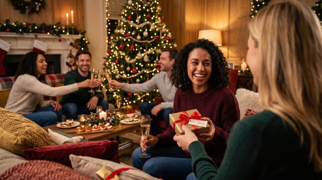 Christmas party with friends. Diverse group celebrating holidays with gifts and drinks.