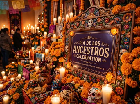 Day of the Dead altar with marigolds and candles. Traditional Mexican holiday memorial tribute.