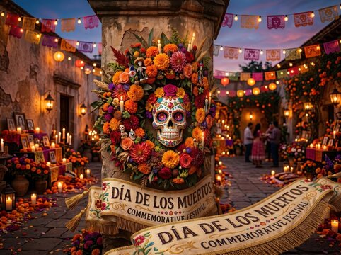 Dia de los Muertos altar with floral skull. Traditional Mexican holiday memorial celebration.