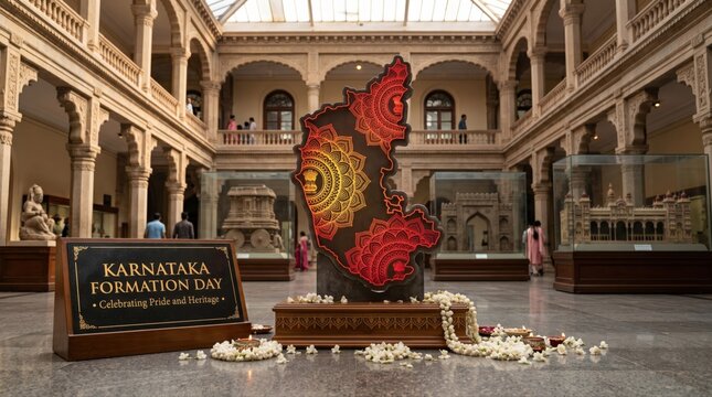 Karnataka map art display in museum. Decorative state map installation in historic hall.