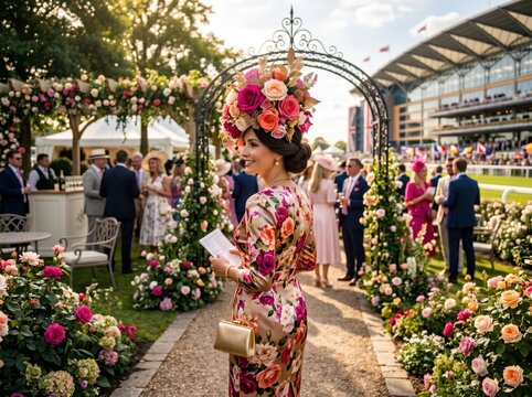Woman in floral dress at garden party. Elegant lady wearing flower hat at outdoor event.