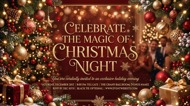 Christmas background with festive decorations. Holiday celebration with elegant gold lights.