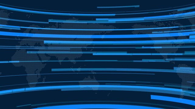 Abstract digital news background featuring a blue world map with dynamic horizontal motion lines and futuristic broadcast graphics. Perfect for television news