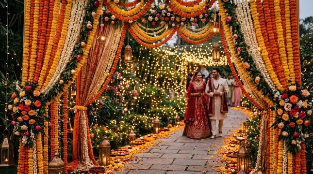 Wedding entrance with floral decor. Indian couple walking through a festive flower archway.