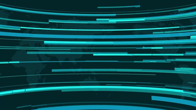 Abstract digital news background featuring a blue world map with dynamic horizontal motion lines and futuristic broadcast graphics. Perfect for television news